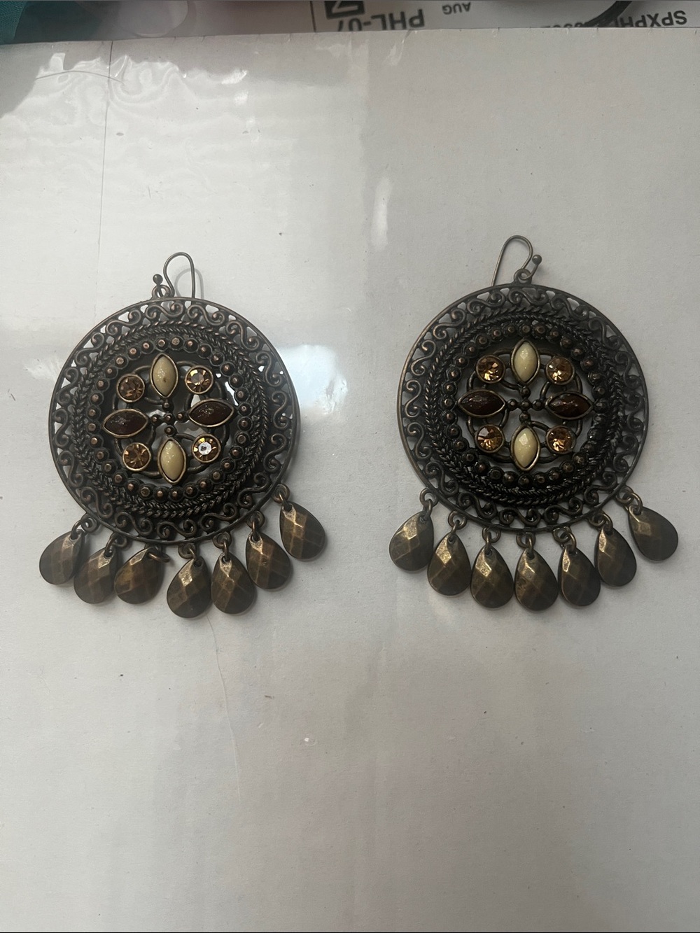 Bronze-Tone Dangle Earrings with Amber and Cream Accents